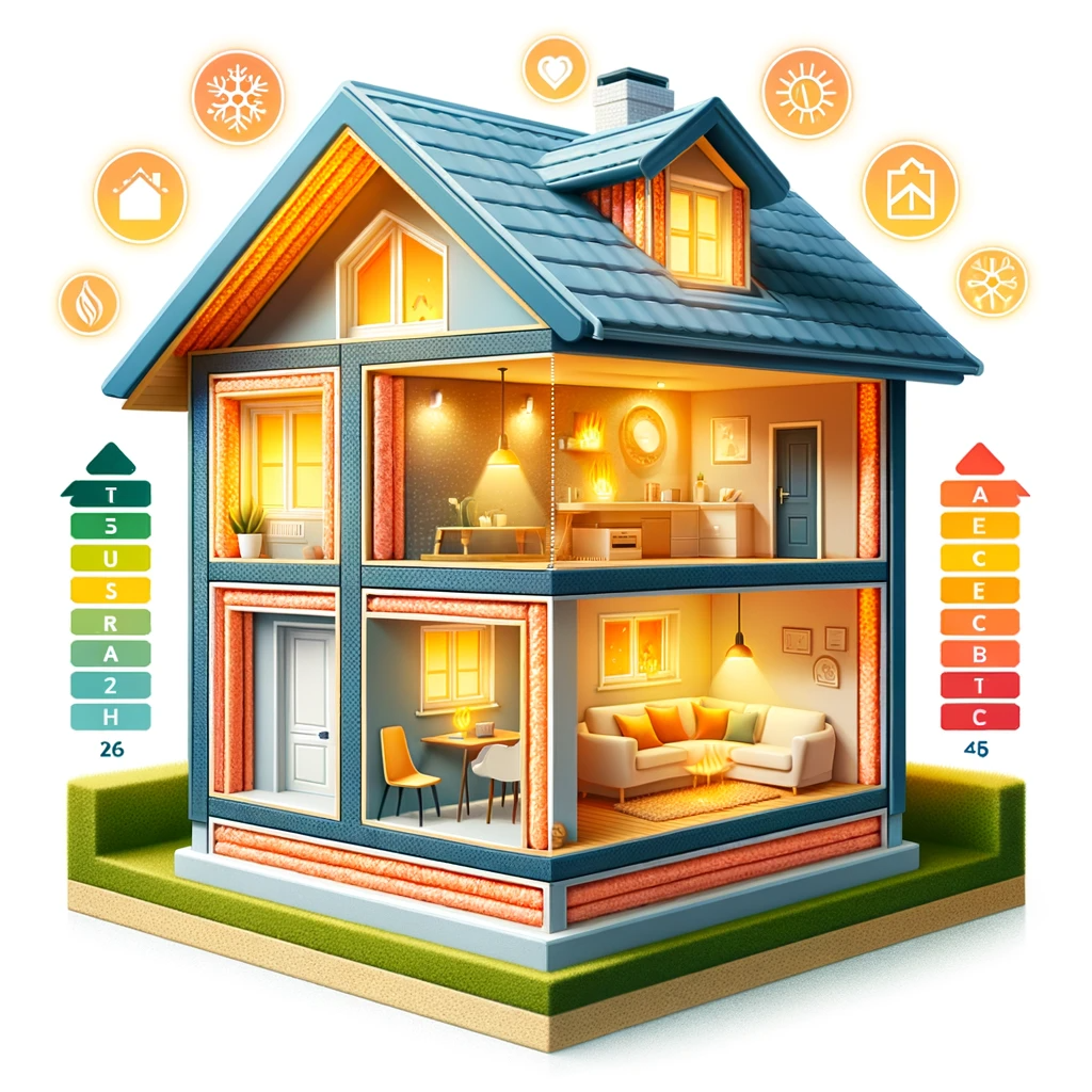 Ось ілюстрація, яка підходить для статті про енергоефективність утеплення будинків. На зображенні демонструється будинок у розрізі, який висвітлює шари утеплення та показує енергозбереження.